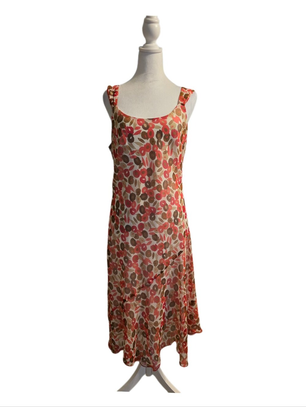Sangria Sleeveless Floral Slip Dress Coral Brown Cream Red Sz 12 EUC